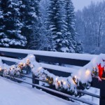 Holiday Christmas Lights on Snowy Bridge